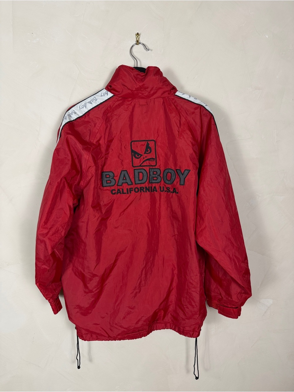 Vintage 90s Bad Boy Club Windbreaker Jacket Red Full Zip Hooded California USA M